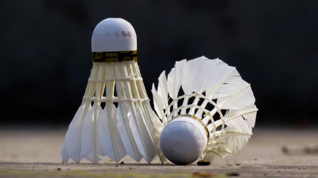 Two white shuttlecocks on a badminton court. Ideal for sports-themed content.